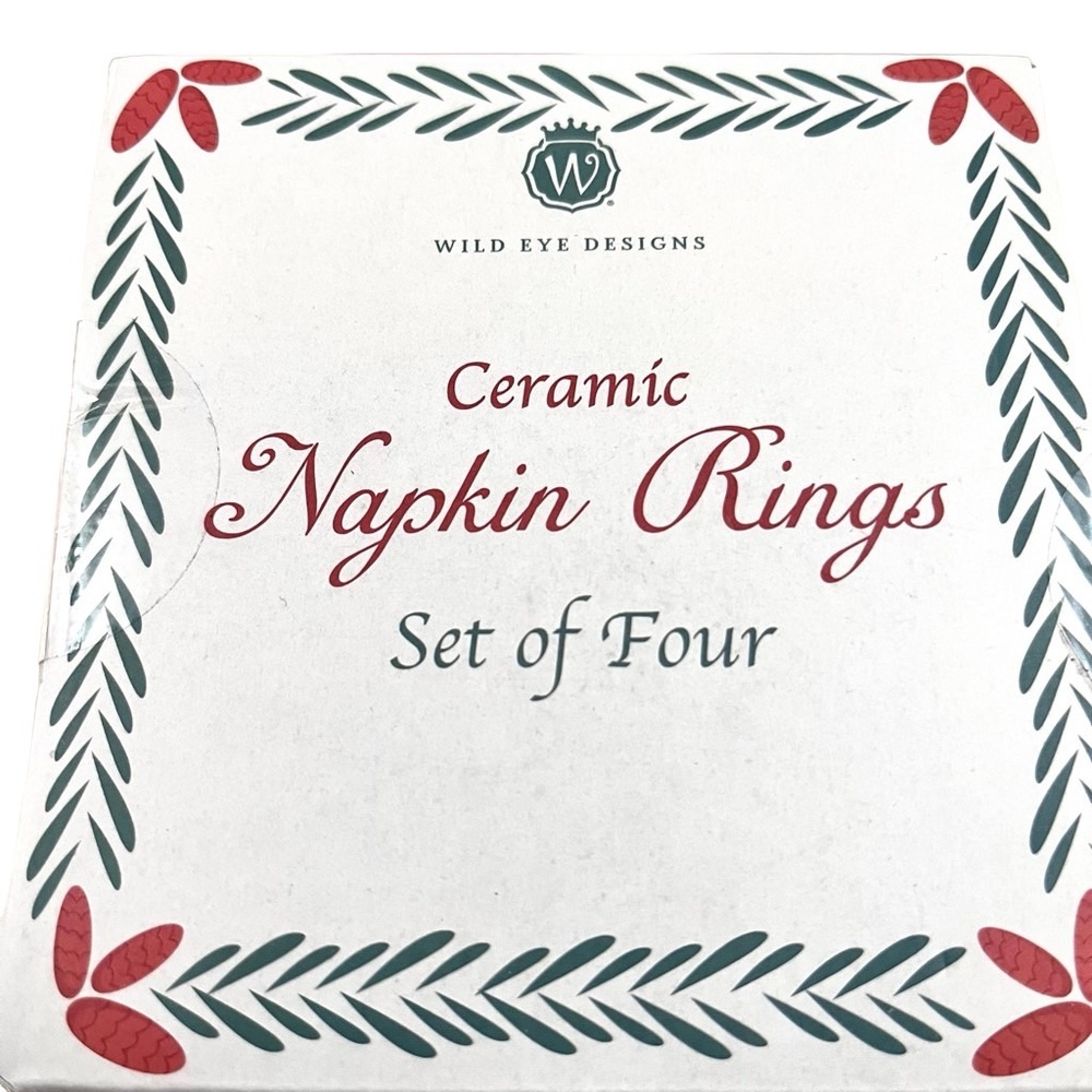 NEW Wild Eye Designs Ceramic Wreath Holiday Napkin Rings Set of Four - Picture 5 of 6